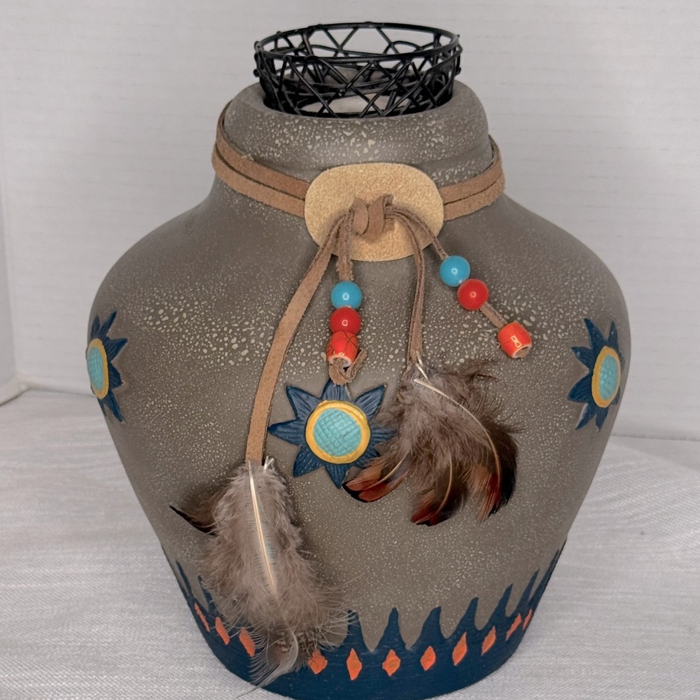 Southwestern Native American candle votive holder Pottery Hand Painted